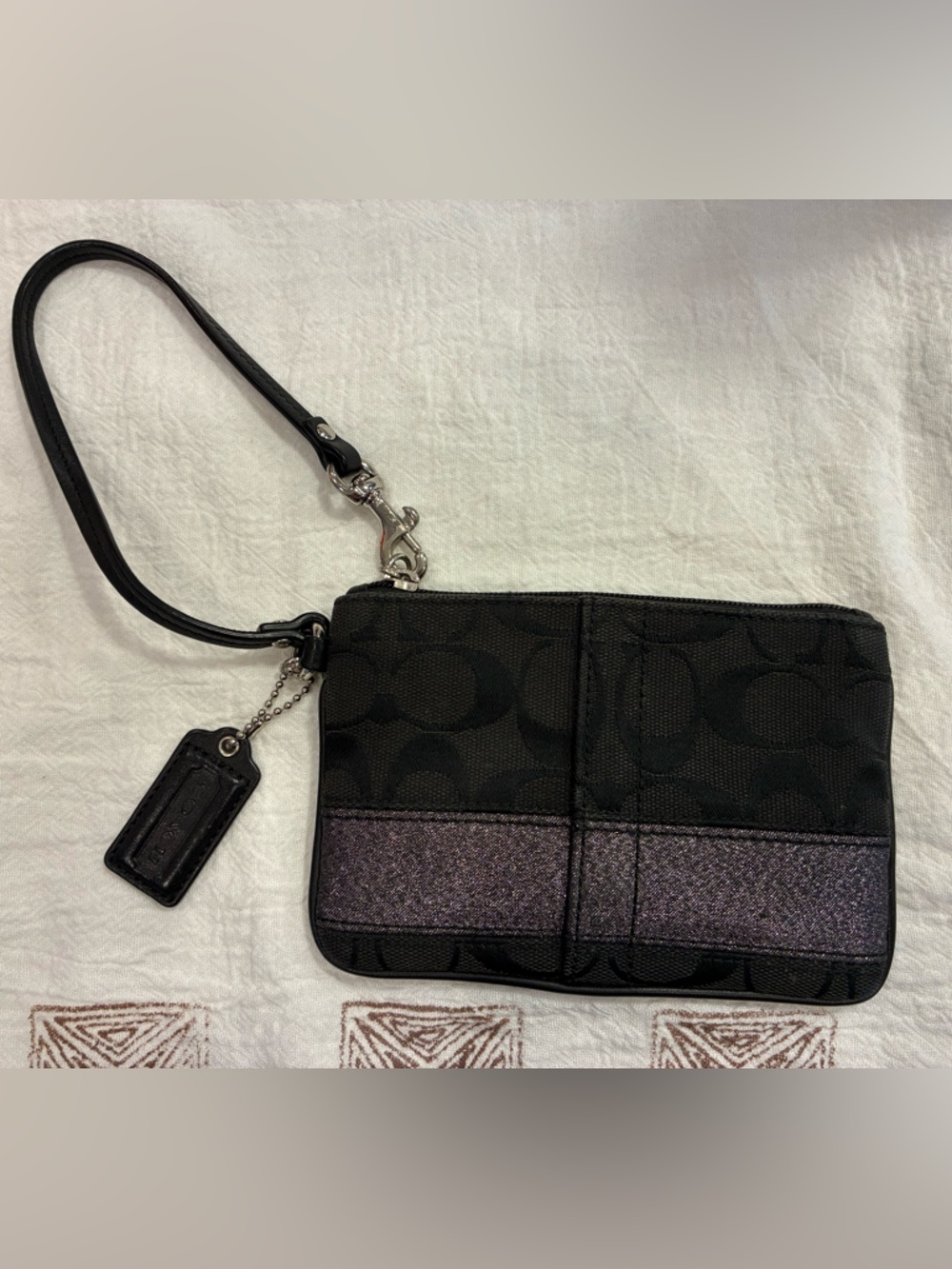 Coach Black Signature Monogram Canvas Wristlet with Silver Hardware